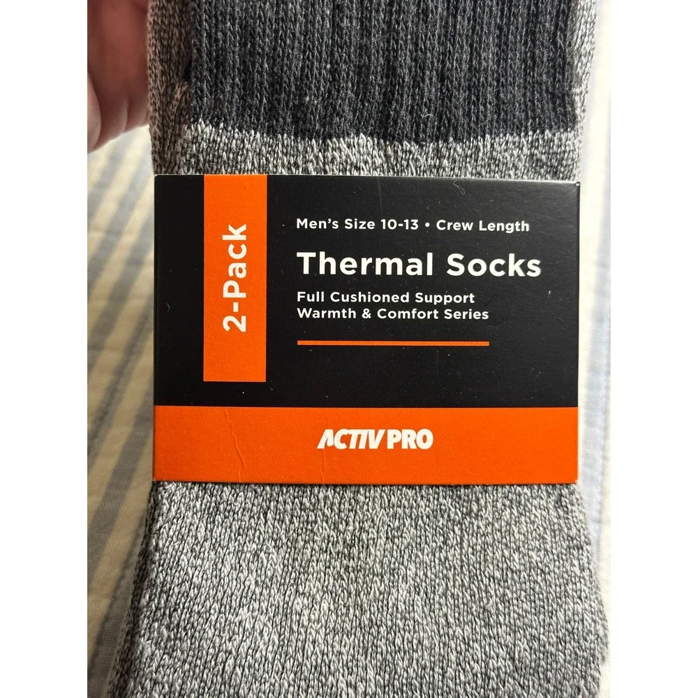 Activ Pro Mens Thermal Socks 2‎ Pack Crew Length Gray Black Size 10-13 Shoe 8-12